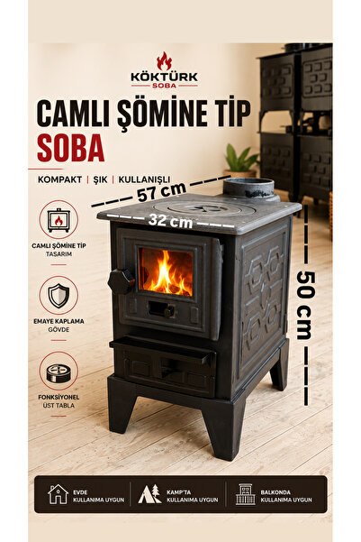 Köktürk Mini Şömine Tip Camlı Soba Emaye Kaplama Ateş Tuğlalı Döküm Izgaralı Kamp Balkon Sobası