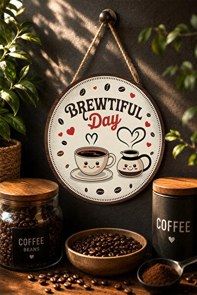 Mayeka Brewtiful Day Masă rotundă din MDF cu model drăguț de cafea și oală de...