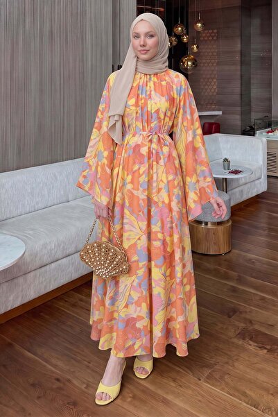 Salih Çelebi Floral Patterned Dress Y0165 - Orange