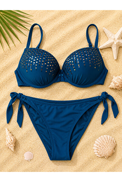 Generic Brand Costum de baie damă 2 piese, albastru petrol cu paiete decorative
