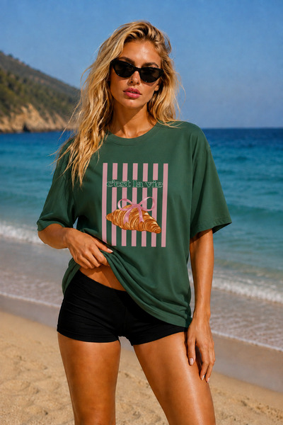FECCY Tricou Premium Cest La Vie imprimat, supradimensionat, pentru femei, di...