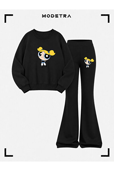 Modetra طقم ملابس رياضية من قطعتين من القطن الأسود مطبوع عليه Powerpuff Girls...