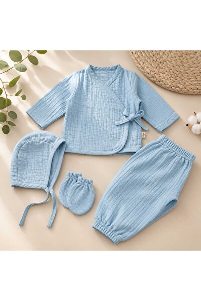bibebegim Mavi Renk Çift Kat Müslin Yenidoğan Kimono Set – 4’lü Bebek Takımı ...