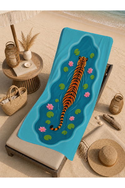 Evmila Maximalist Tiger Turquoise Floral Patterned 70X150 Beach Towel - Digit...