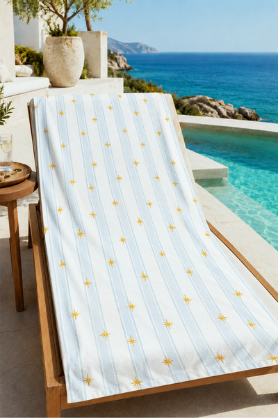 Evmila Pastel Blue White Thin Striped Dotted Patterned 70X150 Beach Towel - D...