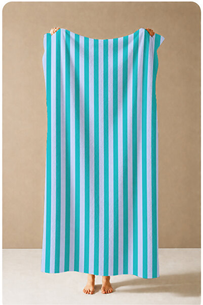 Evmila Pastel Blue Yellow Striped Patterned 70X150 Beach Towel - Digital Prin...