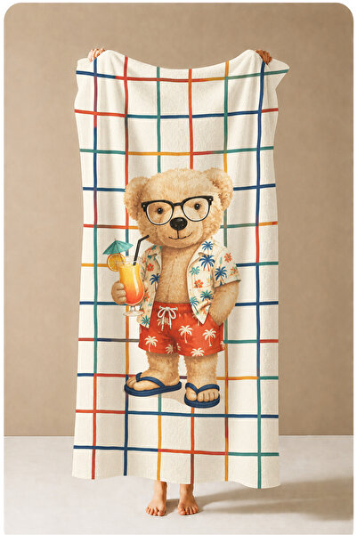 Evmila Prosop de plajă 70x150 cu model în carouri roșii Surfer Teddy Bear - P...