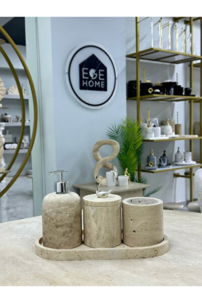 ege gross Decorative Travertine Natural 4-Piece Bathroom Set with Silver Details