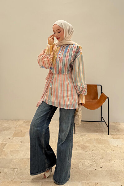 fushya design Kruvaze Detaylı Çizgili Tasarım Gömlek