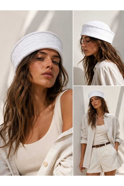 Handmade Betty Bands Women's White Scallop Embroidered Sailor Sailor Hat Summer Hat