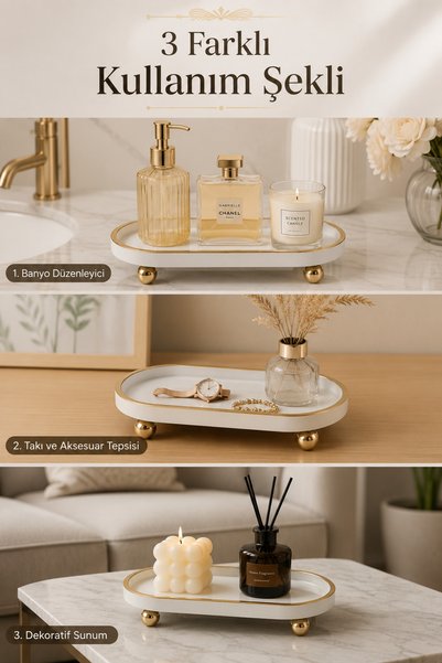 lufen deco Marble Patterned Decorative Tray 10X24 cm Gold Detailed Footed Presentation Tray Jewelry Perfume Cosmetic Candle Holder Organizer