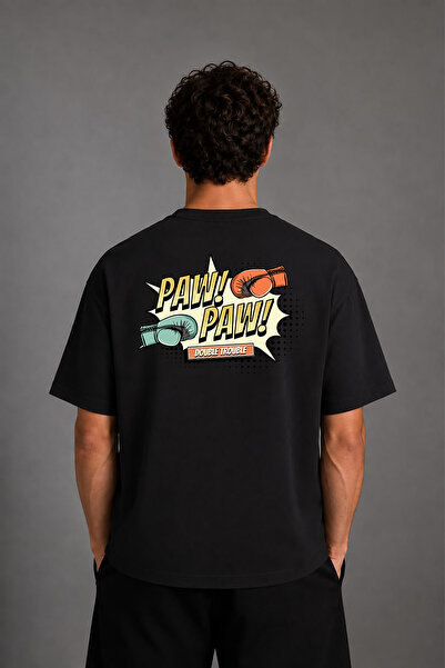 VSRN Tricou negru supradimensionat cu imprimeu pe spate cu design Paw Boxing