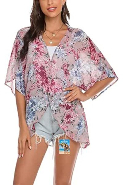 YULOONG Womens Cover Ups Chiffon Floral Print Kimono Loose Shawl Cardigan Boh...