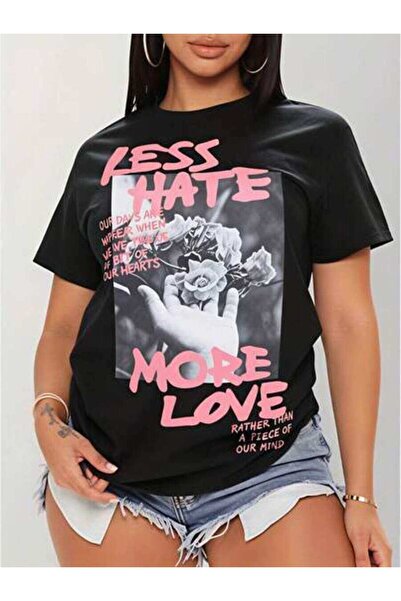 23ERVA Casual Style, Women's T-Shirt, Less Hate More Love Graphic, Everyday W...