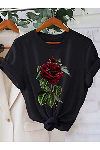 4CR Floral Design, Women's Red Rose Pattern, Pure Cotton T-Shirt, Spring Summ...