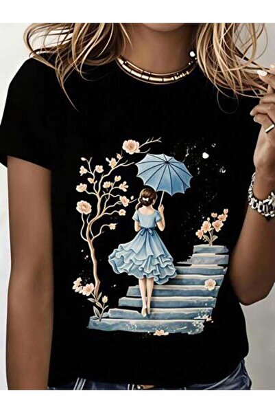 23ERVA Women's Elegant Girl With Umbrella Flowers, Pure Cotton T-Shirt, Sprin...