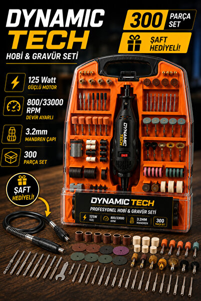 DynamicTech 125 Watt Hobi & Gravür Seti 300 Parça Mini Taşlama Makinesi Şaft Hediyeli