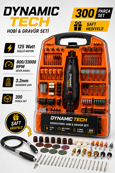 DynamicTech 125 Watt Hobi & Gravür Seti 300 Parça Mini Taşlama Makinesi Şaft Hediyeli