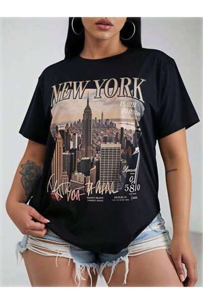 23ERVA Casual Style, Women's T-Shirt, New York City Skyline Print, Summer Wea...