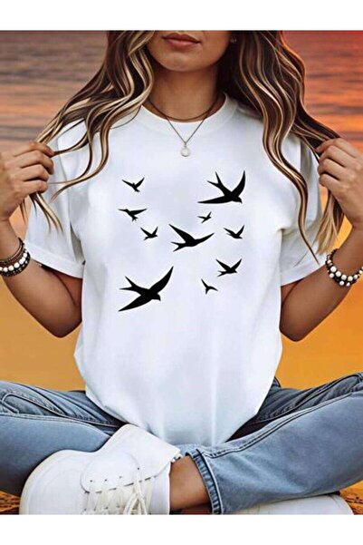 23ERVA Women's Birds Pattern, Pure Cotton T-Shirt, Spring Summer Wear, Casual...
