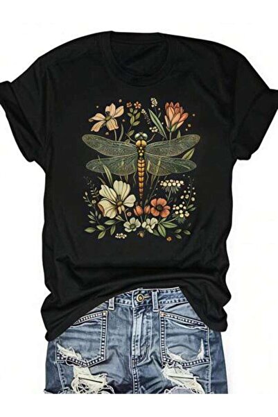 23ERVA Dragonfly, Women's Floral Design, Pure Cotton T-Shirt, Spring Summer W...