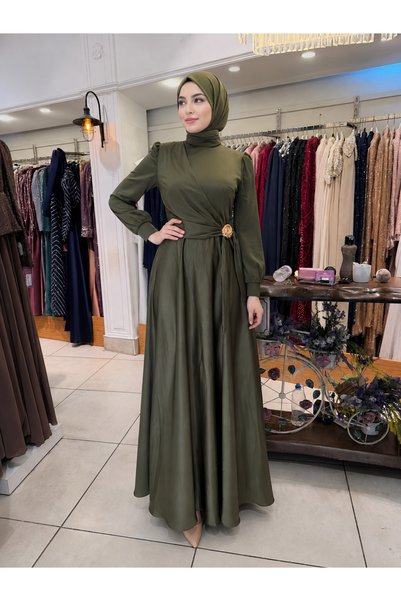 gökkuşagı moda Haki Tesettür Kruvaze Görünümlü Bel Detaylı Abiye Elbise Şal k...