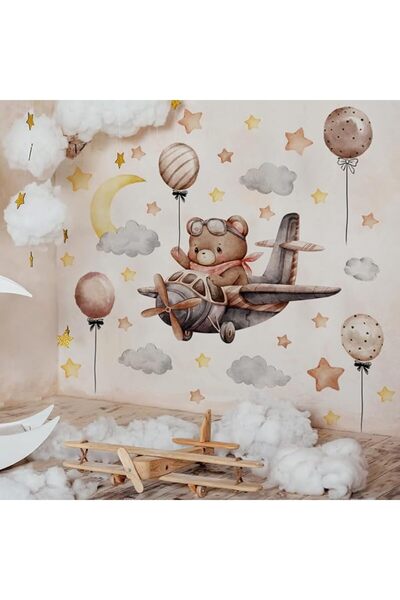 GENERAL Creative Brown Bear Wall Decals 3D Bear on The Airplane Starry Sky Wa...