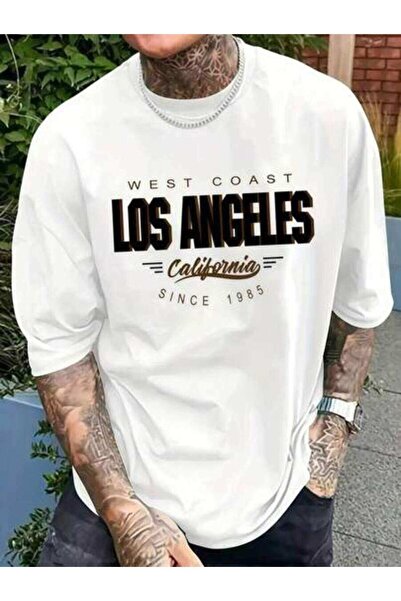 4CR Mens Clothes Los Angeles Print White Shirt, Unisex Casual Crew Neck T Shi...
