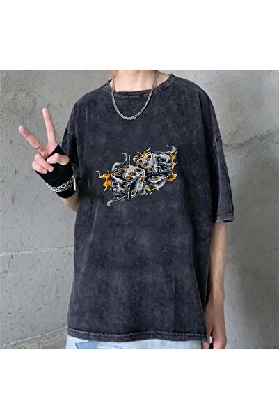 DEEFWEAR Mi̇ngalondon Washable Flaming Dice Skull Unisex Vintage T-Shirt