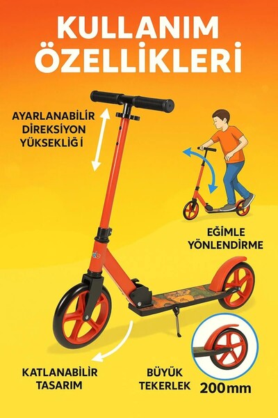 PlayZen 2 Tekerlekli Çocuk Scooter Büyük Tekerlekli Katlanabilir Ayarlanabilir Gidonlu Ayaklıklı Kırmızı