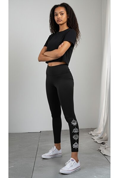 buzaa Women's Lotus Motif High Waist Gathering Black Leggings