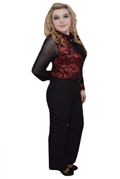 OEM Pantalon in nuanta de negru, design floral interesant lateral