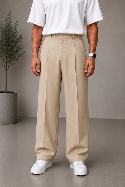 Montivo Men's Beige Baggy Fabric Trousers Loose Fit Straight Leg