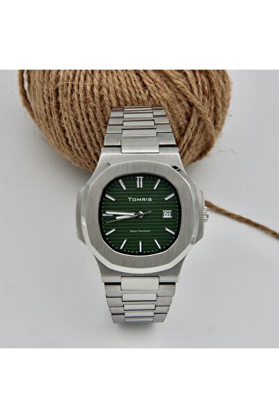 TOMRİS Steel Men's Wristwatch, Waterproof, Calendar, Silver Color Cord, Green...