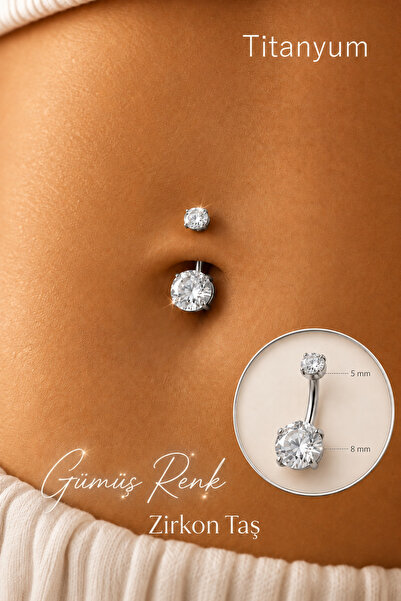 Sacce Scarves&Accessories 8 mm Tektaş Titanyum Göbek Piercing – Zirkon Taşlı