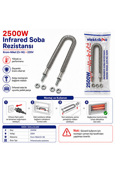 akatsuki 2500W İnfrared Soba Rezistansı 220V Krom-Nikel Isıtıcı Tel – 4 Somunlu