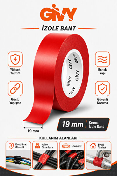 GİVY Kırmızı İzole Bant 19 mm x 0,13 mm | Elektrik İzolasyon Bandı 6 Yds