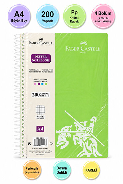 Faber Castell Faber Defter 200 Yp Kareli Pp Kapak Spiralli 4 Bölüm (Ayracsız,...