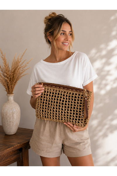 Afra Örgü Portföy Çanta, Deri İç Çantalı Büyük Clutch El Çantası