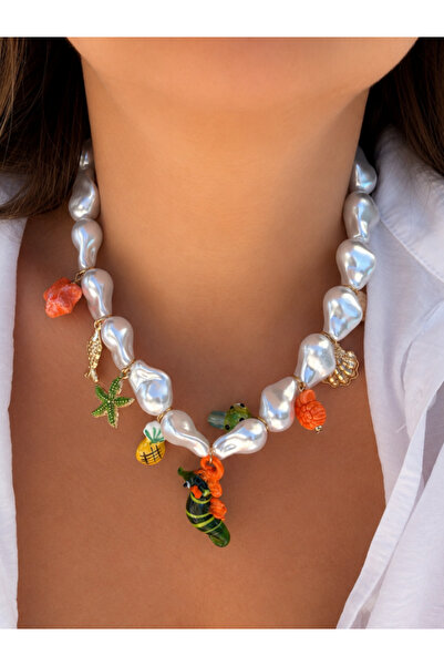 bijux by mrv Zr Murano Glass Seahorse Multi Charms Pearl Necklace