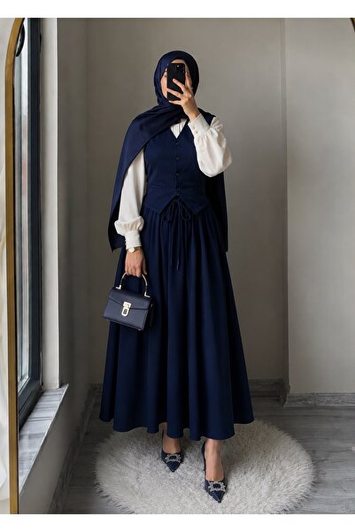 Mivelya Women's Hijab Double Vest & Skirt Flared Set