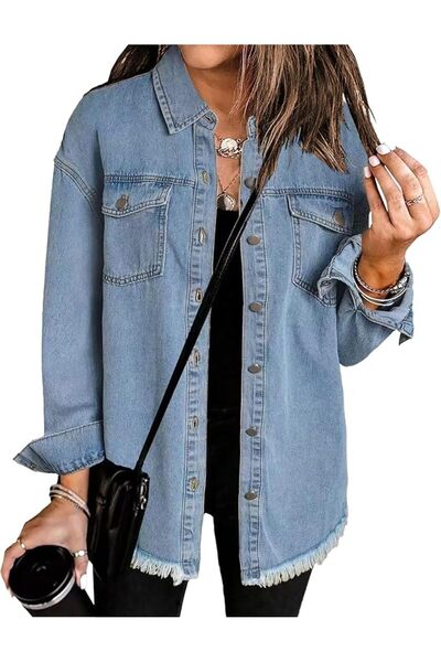 Generic Women's Casual Denim Jackets Frayed Hem Washed Button Jean Jacket Dis...