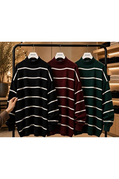 DepoExport Women's 3-Piece Striped Knitwear Sweater Oversize Loose Design