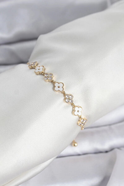 SORA GROUP Gold Color Zircon Stone Row Clover Model Women's Bracelet with Ele...
