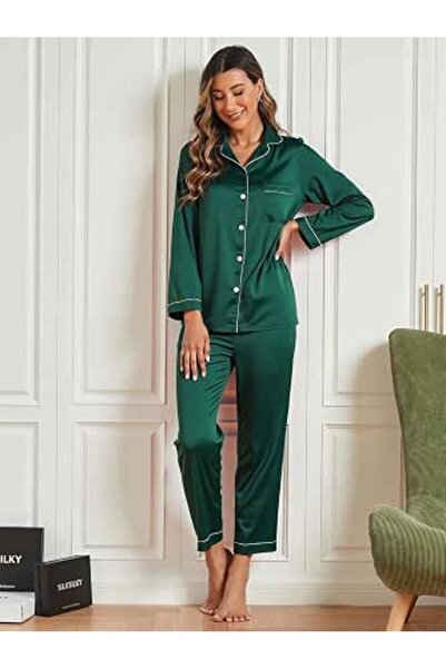GENERAL 2 Piece Womens Satin Pajamas Set Long Sleeve Button Down Sleepwear Lo...