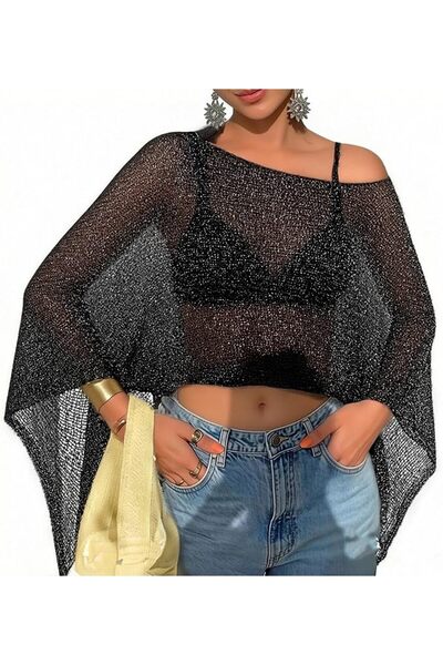 GENERAL Women Sheer Poncho Top Lightweight Knit Crochet Shrug Bolero Mesh Bat...