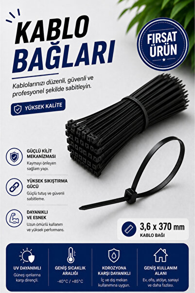 NEXTRA 3.6x370 mm Kablo Bağı - Siyah Cırt Kelepçe - Plastik Kelepçe (25 Adet)