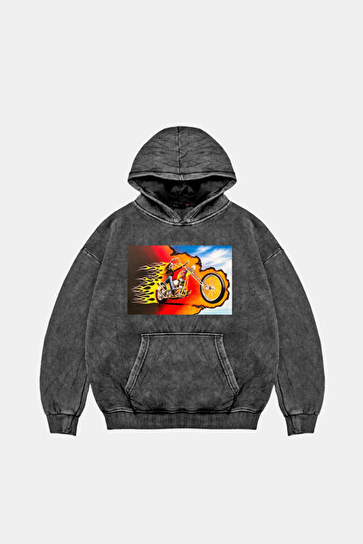 Sekizbiraltı Ghost Rider Printed Oversize Unisex Washable Black Hoodie