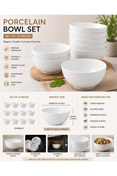 Generic 12-Piece White Porcelain Bowl Set 5.5 Inch | Premium Ceramic Serving ...