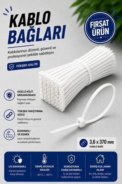 NEXTRA 3.6x370 mm Kablo Bağı - Beyaz Cırt Kelepçe - Plastik Kelepçe (25 Adet)